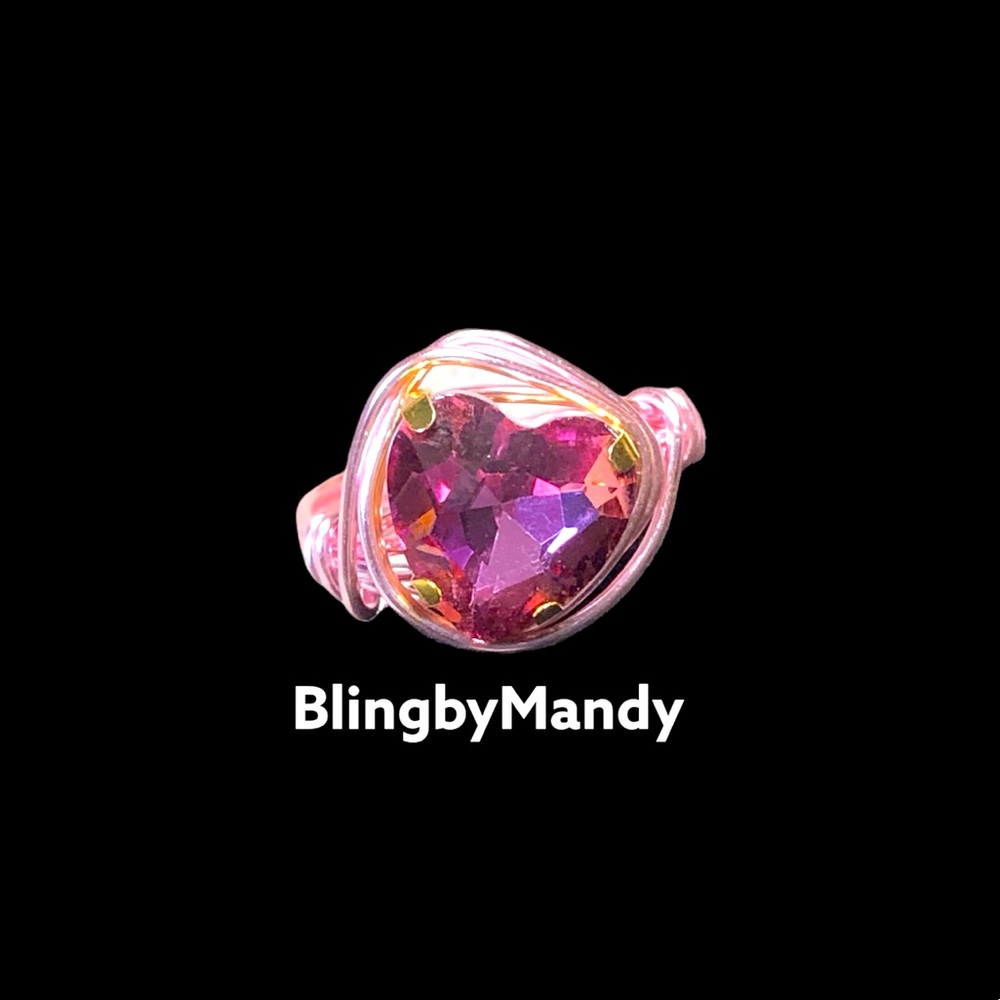 Handmade pink wire and heart shaped crystal wrapped ring -small